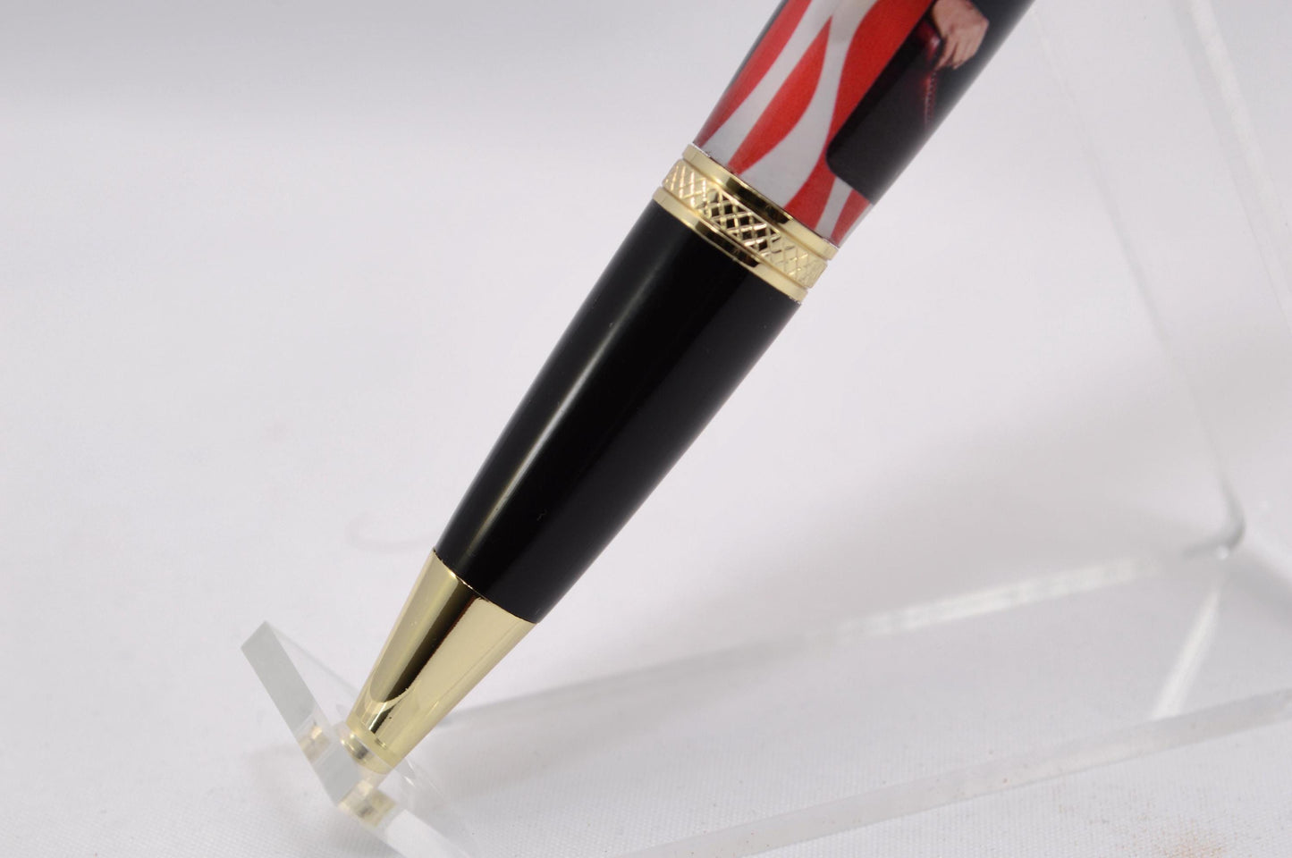 Handcrafted Pen Featuring Donald Trump Tie Fragment and White House Wood Cast in Acrylic.