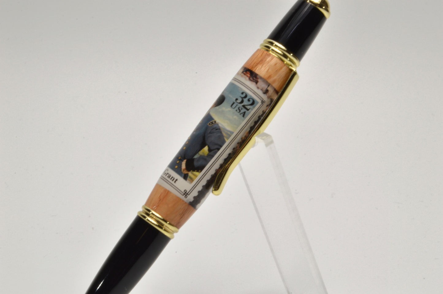 Handcrafted Gettysburg Twist Pen Made With a General Grant U.S. Stamp and Witness Wood in Gold and Black Chrome Finish