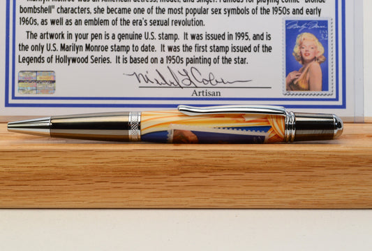Handcrafted Pen Featuring a Marilyn Monroe US Stamp and a Small Swatch of One of Marilyn Monroe's White Gloves Cast In Acrylic