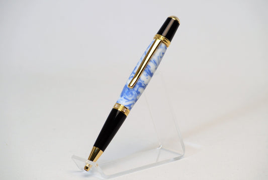 One of a Kind Classic Twist Pen in Gold and Black Chrome with Handcrafted White and Blue Acrylic Body