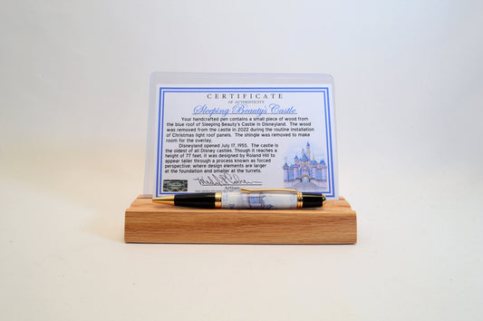 Handcrafted Pen Featuring a Small Piece of Wood From Sleeping Beauty's Castle Roof cast in acrylic