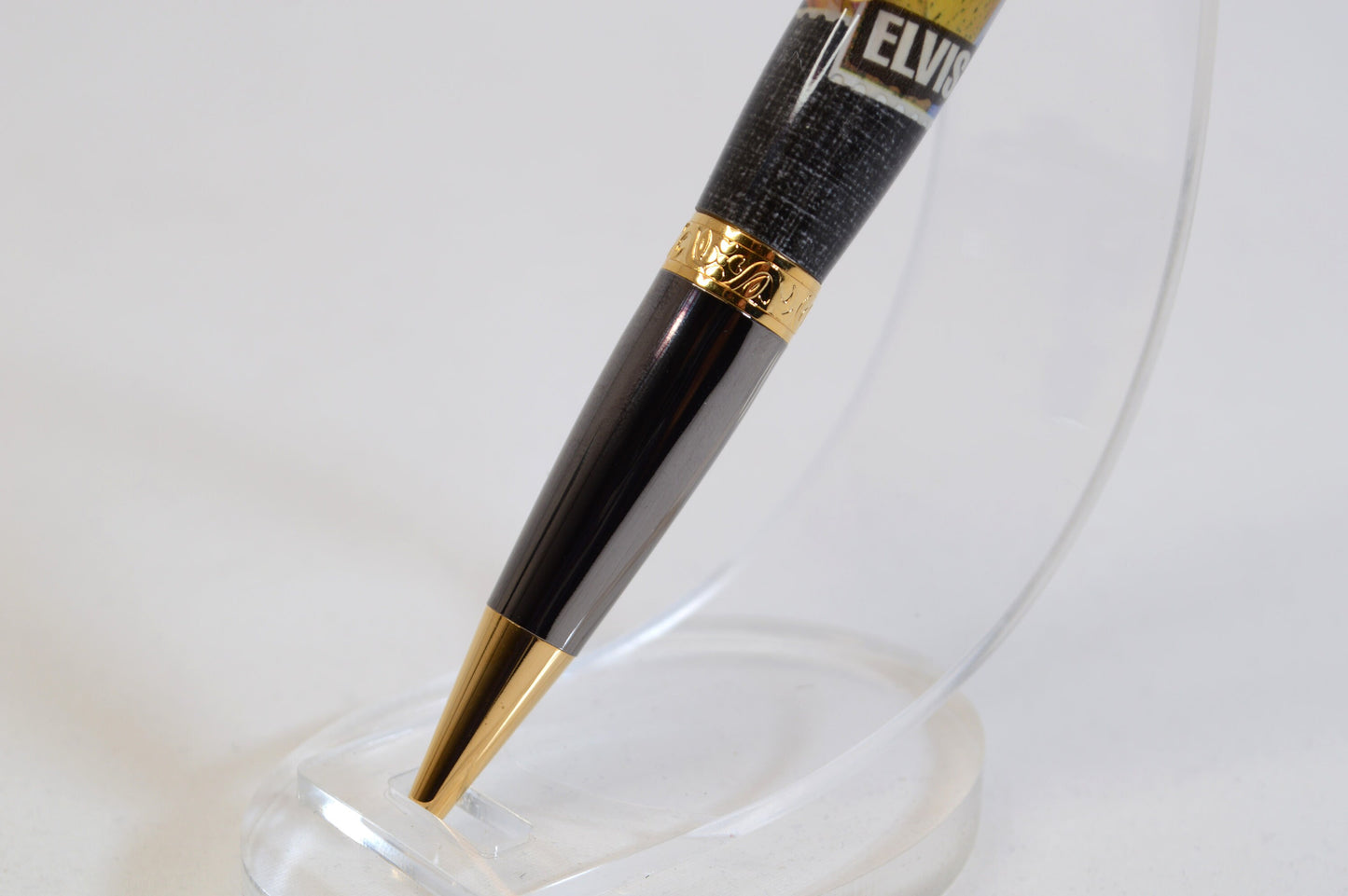 Handcrafted Pen Featuring a 1992 Elvis Stamp and a Small Swatch From an Elvis Worn Shirt Embedded in Acrylic