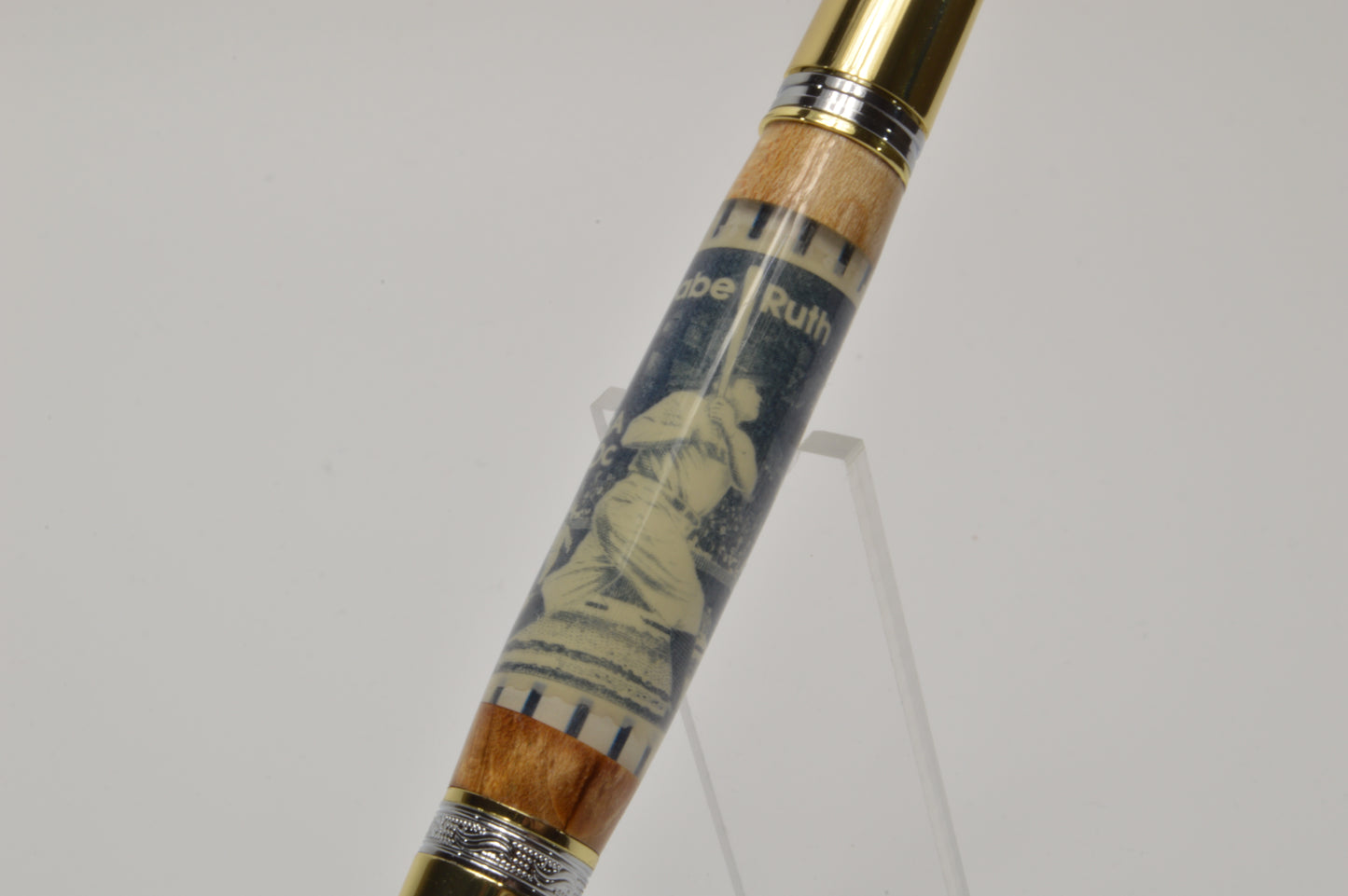 Twist Pen made with Wood from a Yankee Stadium Seat and a Babe Ruth Stamp Embedded in Acrylic