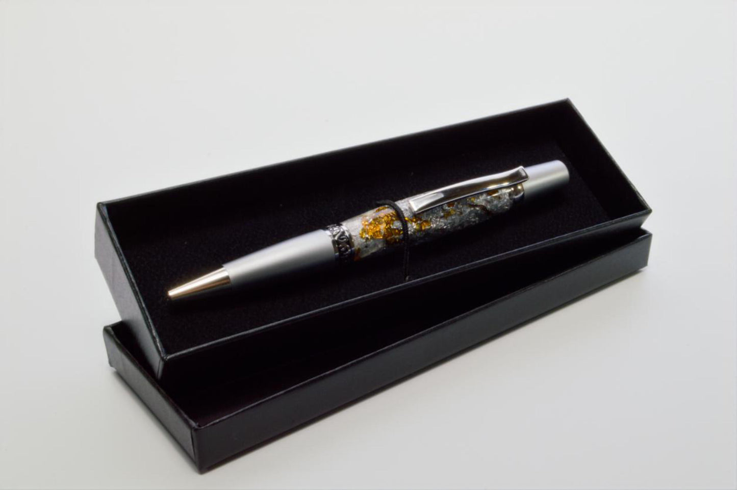 Elegant Satin Chrome and Chrome Twist Pen with Silver & Black Gilding Cast in Clear Acrylic