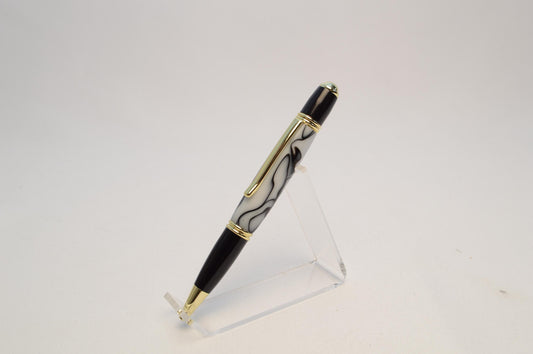 Elegant Handcrafted Twist Pen in Striking Black and White Acrylic with Gold and Black Chrome Finish