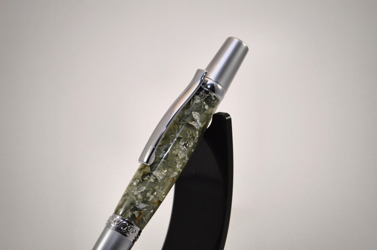 Elegant Satin Chrome and Chrome Twist Pen with Silver & Black Gilding Cast in Clear Acrylic
