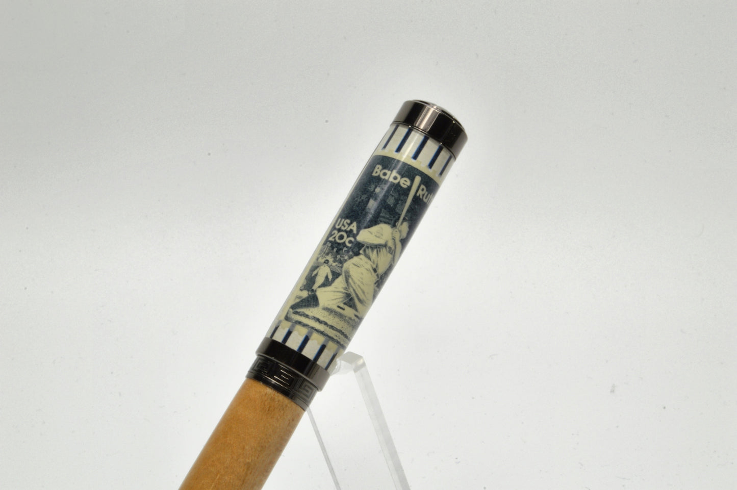Rollerball Pen made with Wood from a Yankee Stadium Seat and a Babe Ruth Stamp Embedded in Acrylic
