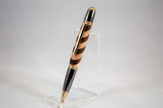 One of a Kind Classic Twist Pen in 22k Gold and Gunmetal Finish with Handcrafted Maple and Walnut.