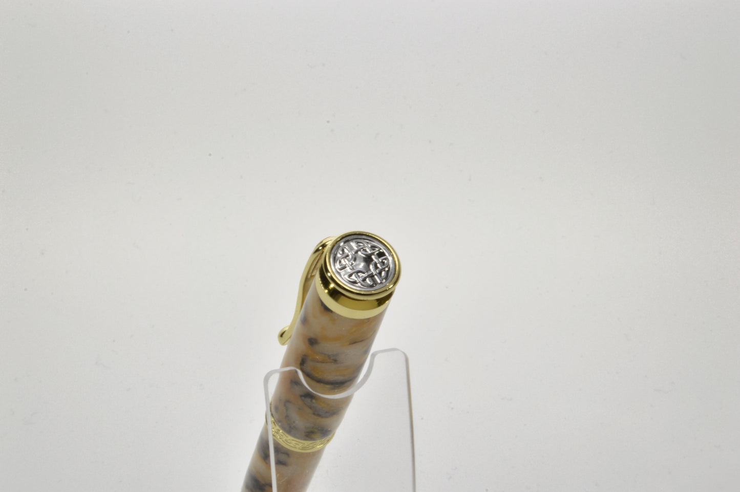 Handcrafted Rollerball Pen in Gold Finish – White, Gold & Black Acrylic Body with Wooden Display Case