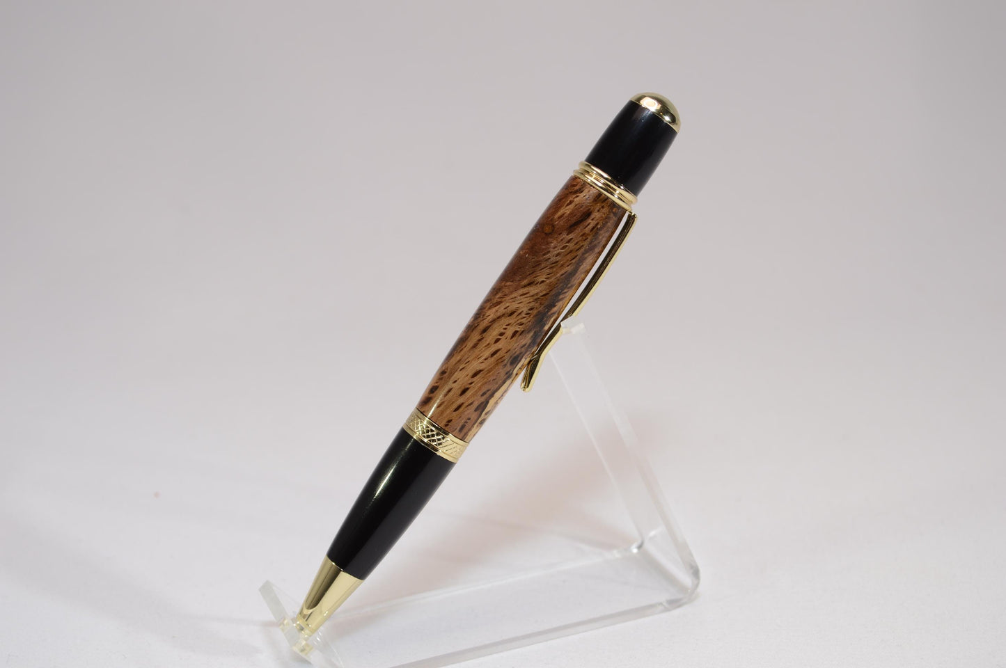 Handcrafted Spalted Oak Twist Pen with Gold and Black Chrome Finish