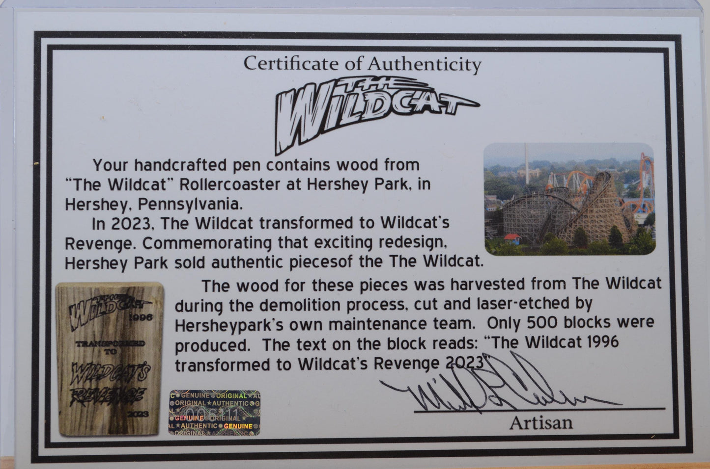 Handcrafted Pen Made with Wildcat Roller Coaster Wood Recycled from Hershey Park Thrilling Attraction