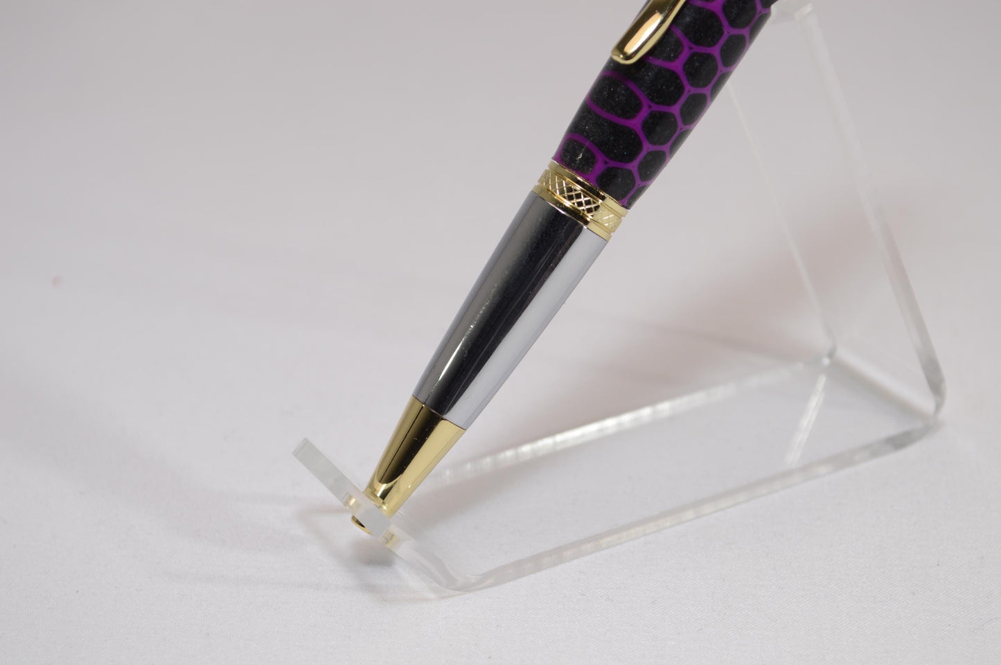 Elegant Handcrafted Twist Pen in Striking Purple and Black Honeycomb Acrylic with Gold and Chrome Finish