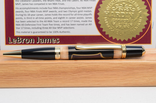 Handcrafted Pen Made With a Swatch From A Lebron James Game Used Jersey and Wood From Quicken Loans Arena Floor