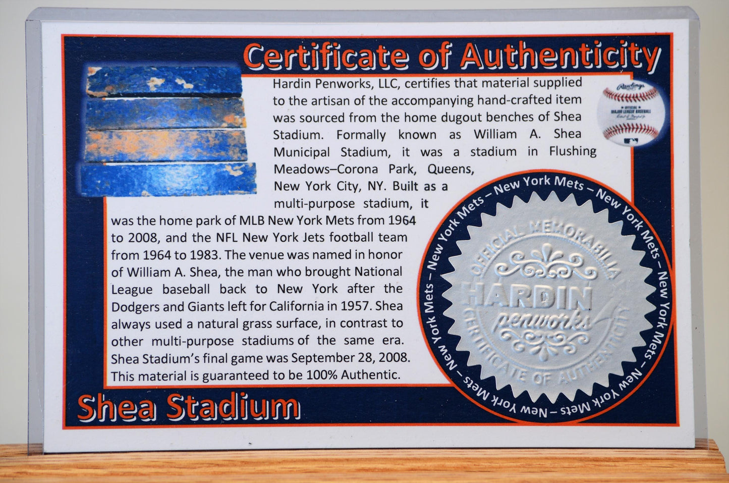 Handcrafted Pen Made From New York Mets Shea Stadium Wooden Home Dugout Benches.