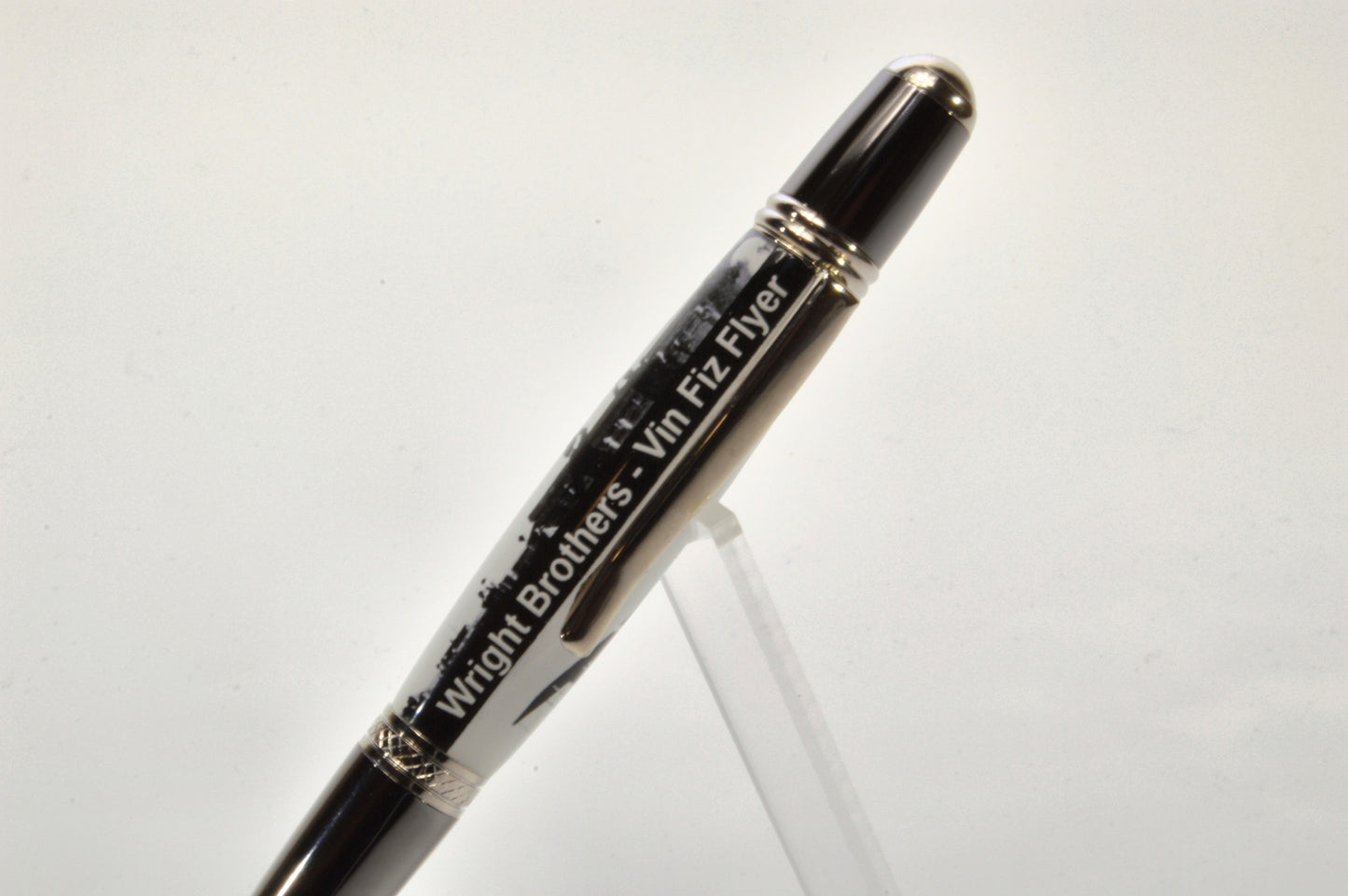 Acrylic Twist Pen Embedded with a Small Piece of Wright Brothers Vin Fiz Flyer Fabric – Platinum & Black Titanium Finish
