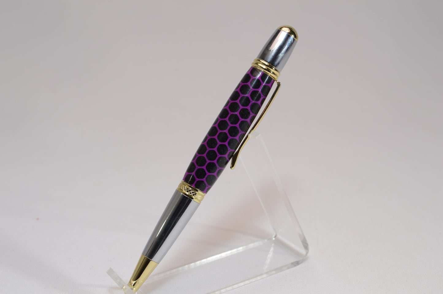 Elegant Handcrafted Twist Pen in Striking Purple and Black Honeycomb Acrylic with Gold and Chrome Finish