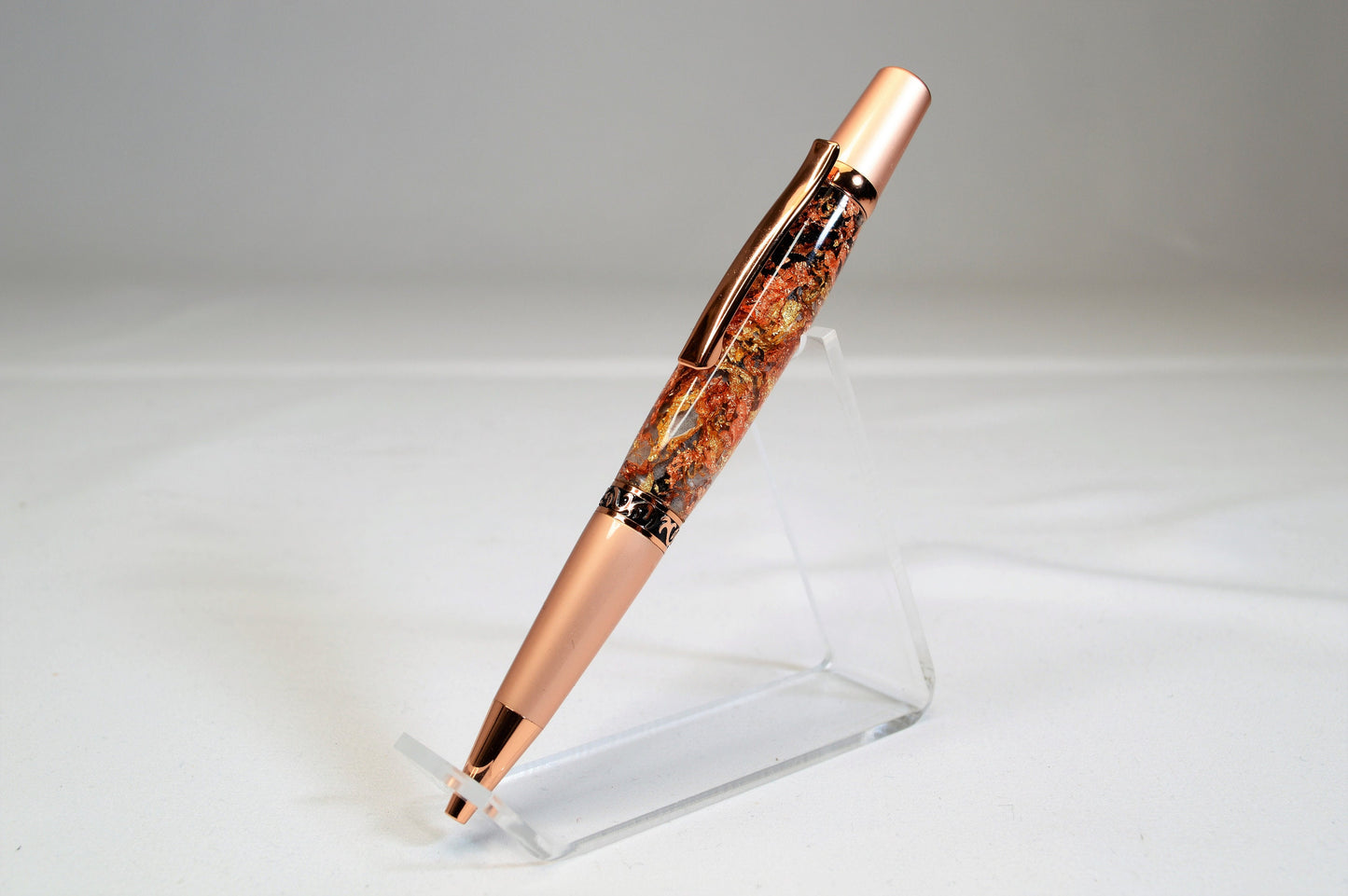 Elegant Two-Tone Copper Twist Pen with Copper, Gold, & Black Gilding Cast in Clear Acrylic