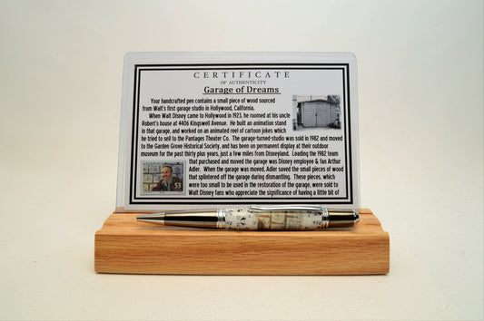 Handcrafted Pen Featuring a Walt Disney Stamp and Small Piece of Wood From Walt Disney's first garage studio in Hollywood, CA.