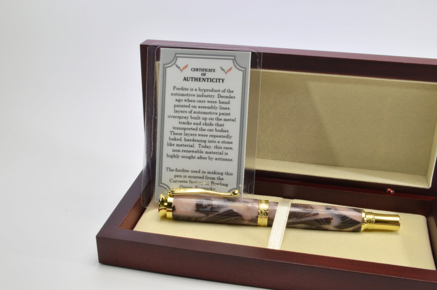 Handcrafted Twist Pen Made With Fordite From The Corvette Factory in Gold Finish