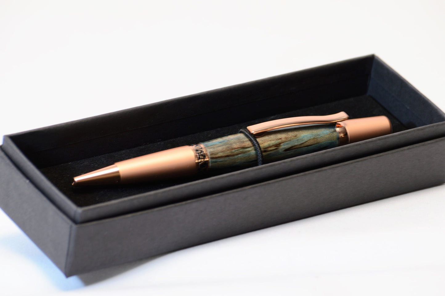 Elegant Twist Pen in Two Tone Copper with Handcrafted Dyed Spalted Oak Body.