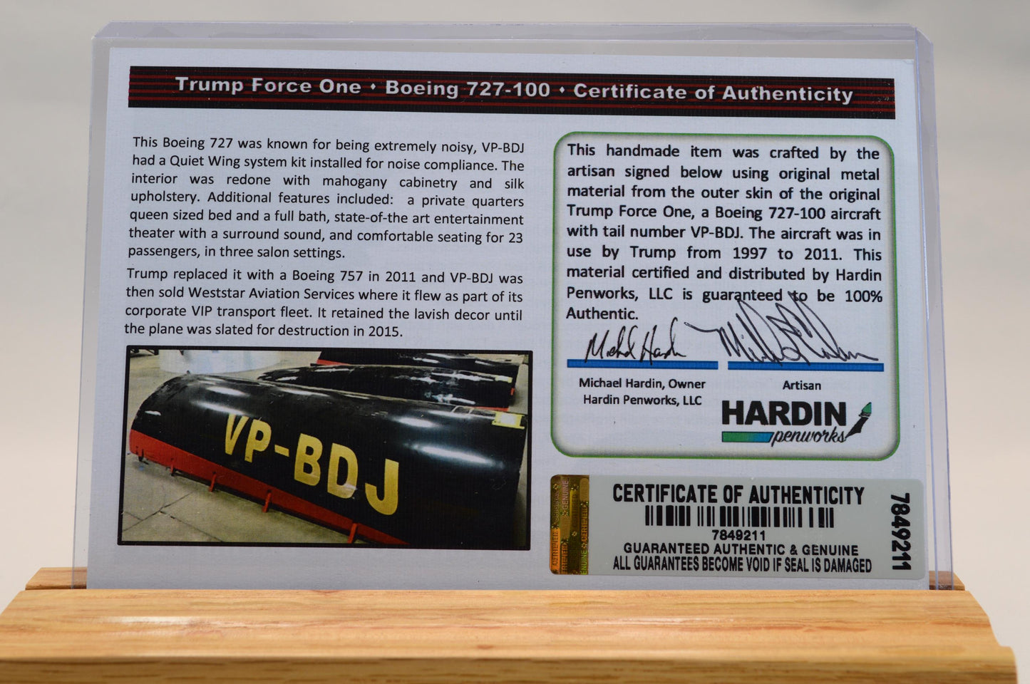 Handcrafted Pen made with a small piece of metal from Donald Trump's Boeing 727 Known as Trump Force One and cast in acrylic.