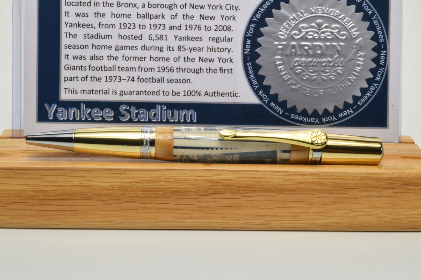 Twist Pen made with Wood from a Yankee Stadium Seat and a Babe Ruth Stamp Embedded in Acrylic