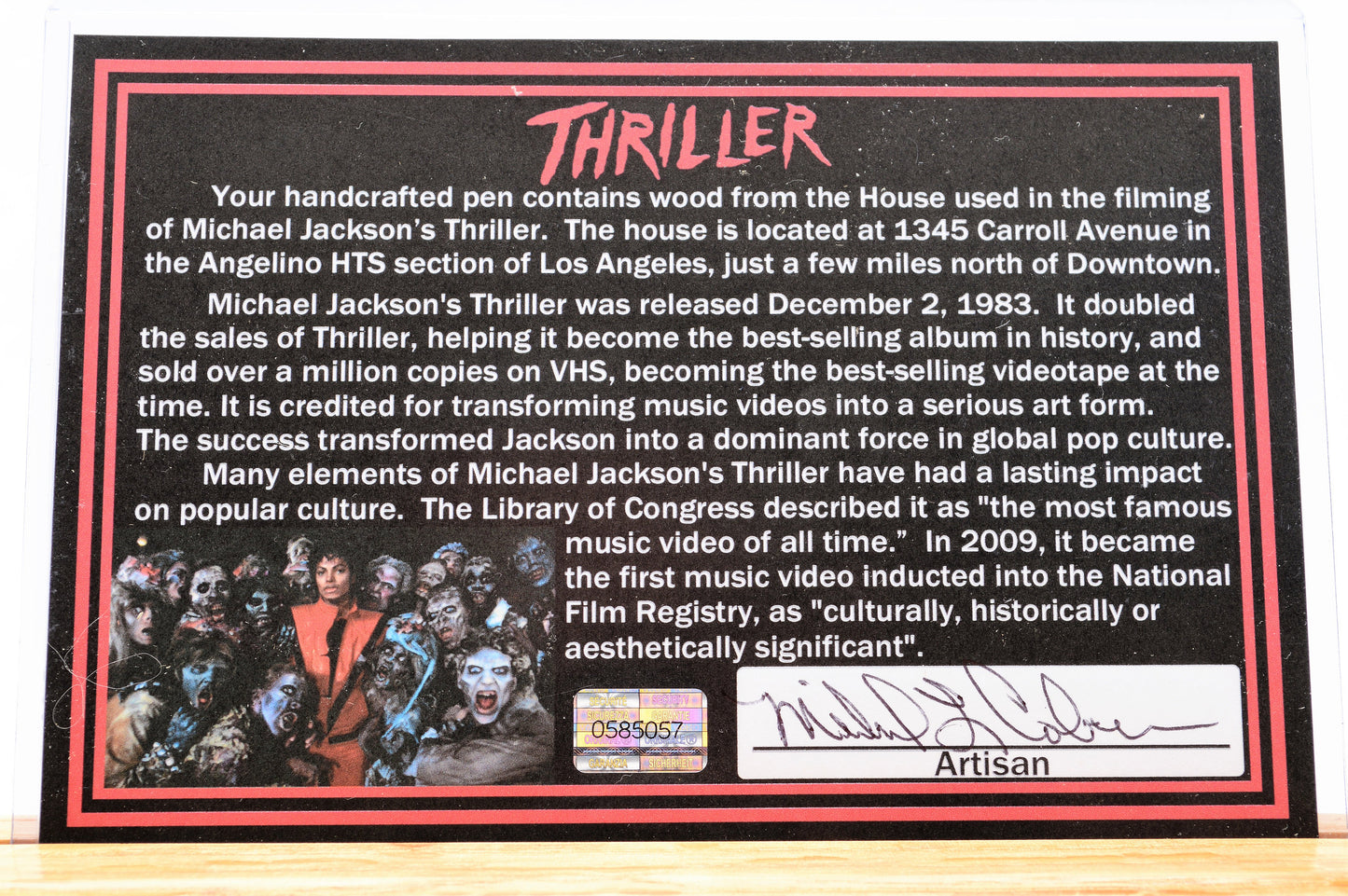 Handcrafted Pen Featuring a Small Piece of Wood From Michael Jackson's Thriller Video House