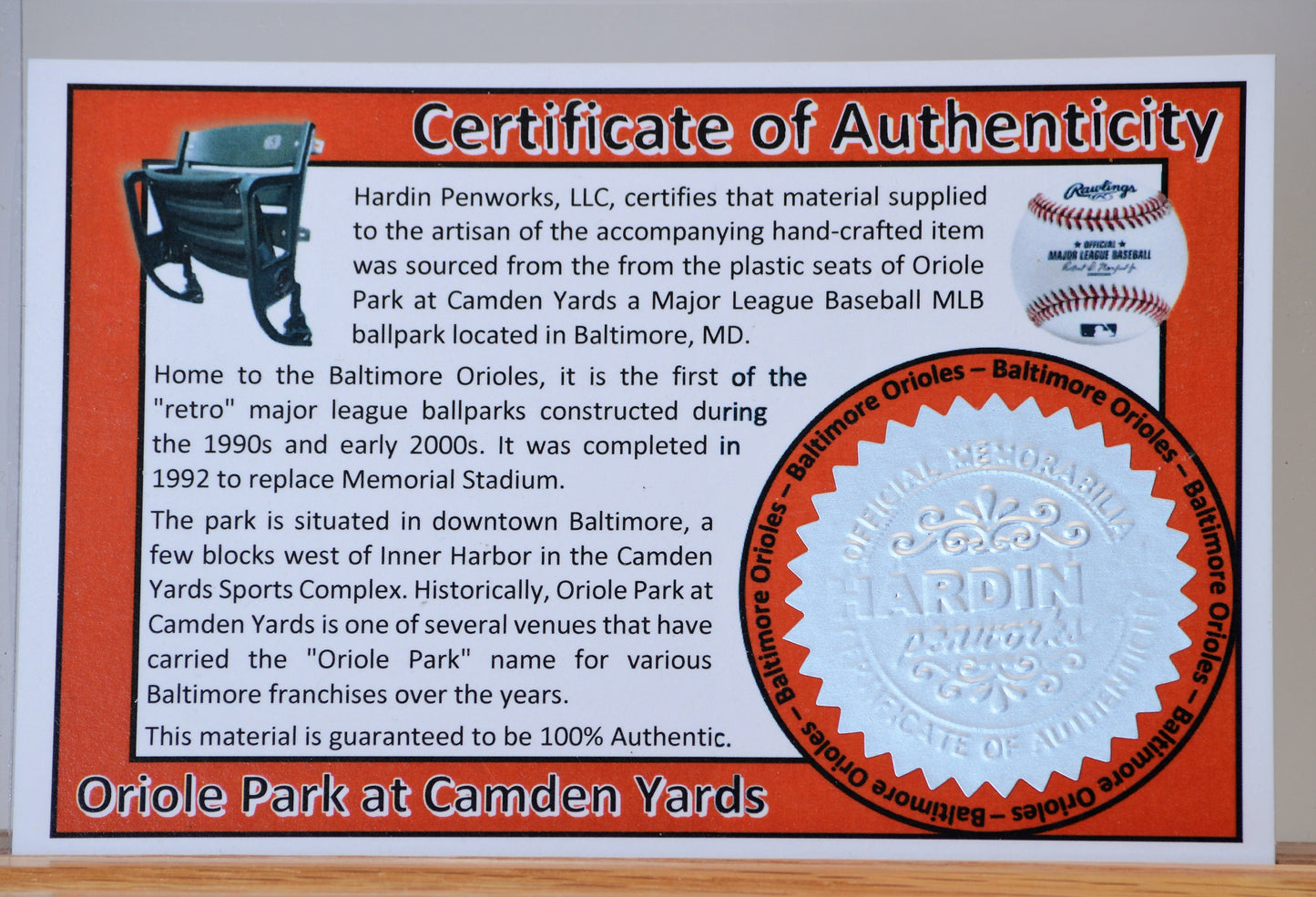 Handcrafted Pen Made From Baltimore Orioles Oriole Park - Camden Yards Plastic Stadium Seat