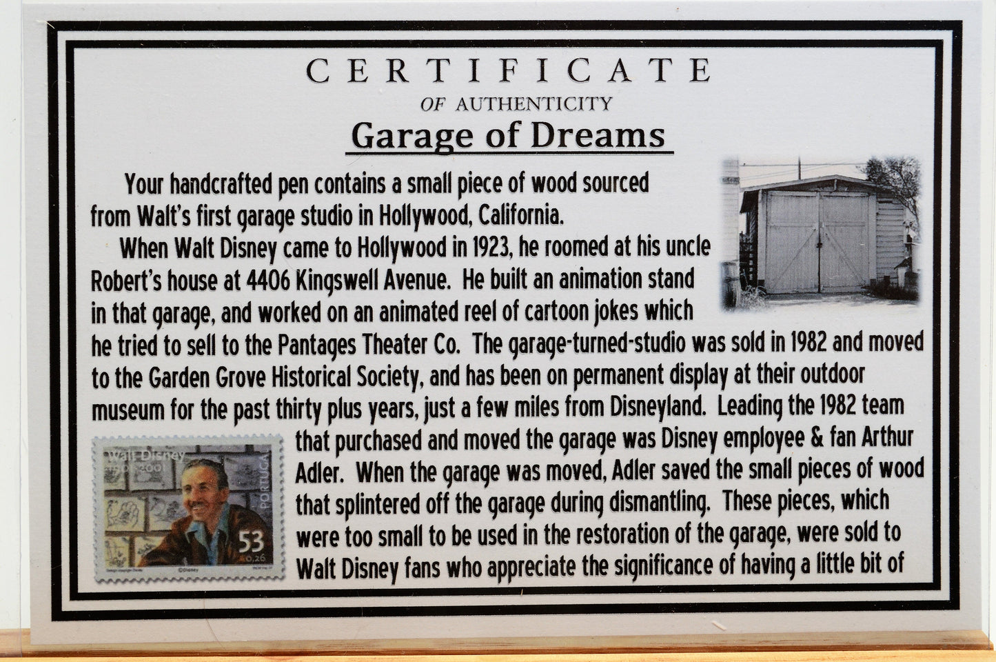 Handcrafted Pen Featuring a Walt Disney Stamp and Small Piece of Wood From Walt Disney's first garage studio in Hollywood, CA.
