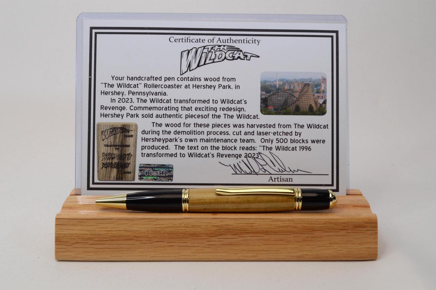 Handcrafted Pen Made with Wildcat Roller Coaster Wood Recycled from Hershey Park Thrilling Attraction