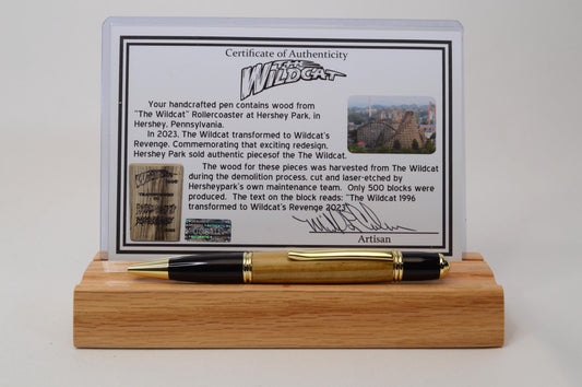 Handcrafted Pen Made with Wildcat Roller Coaster Wood Recycled from Hershey Park Thrilling Attraction