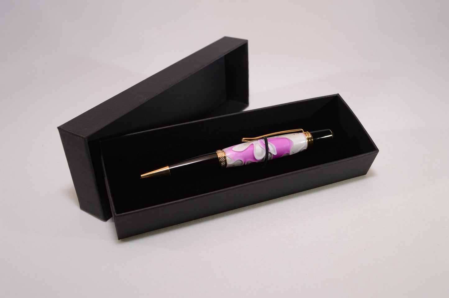 Elegant Handcrafted Twist Pen in Striking Pink/Purple and White Acrylic with Gold and Black Chrome Finish