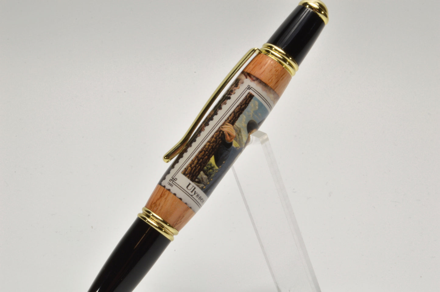 Handcrafted Gettysburg Twist Pen Made With a General Grant U.S. Stamp and Witness Wood in Gold and Black Chrome Finish