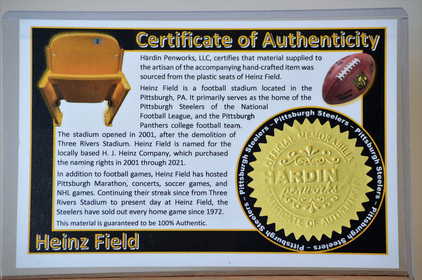 Handcrafted Pen Made From Pittsburg Steelers Heinz Field Plastic Stadium Seats