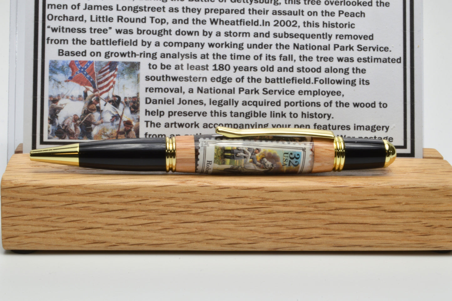 Handcrafted Gettysburg Twist Pen Made With a General Lee U.S. Stamp and Witness Wood in Gold and Black Chrome Finish