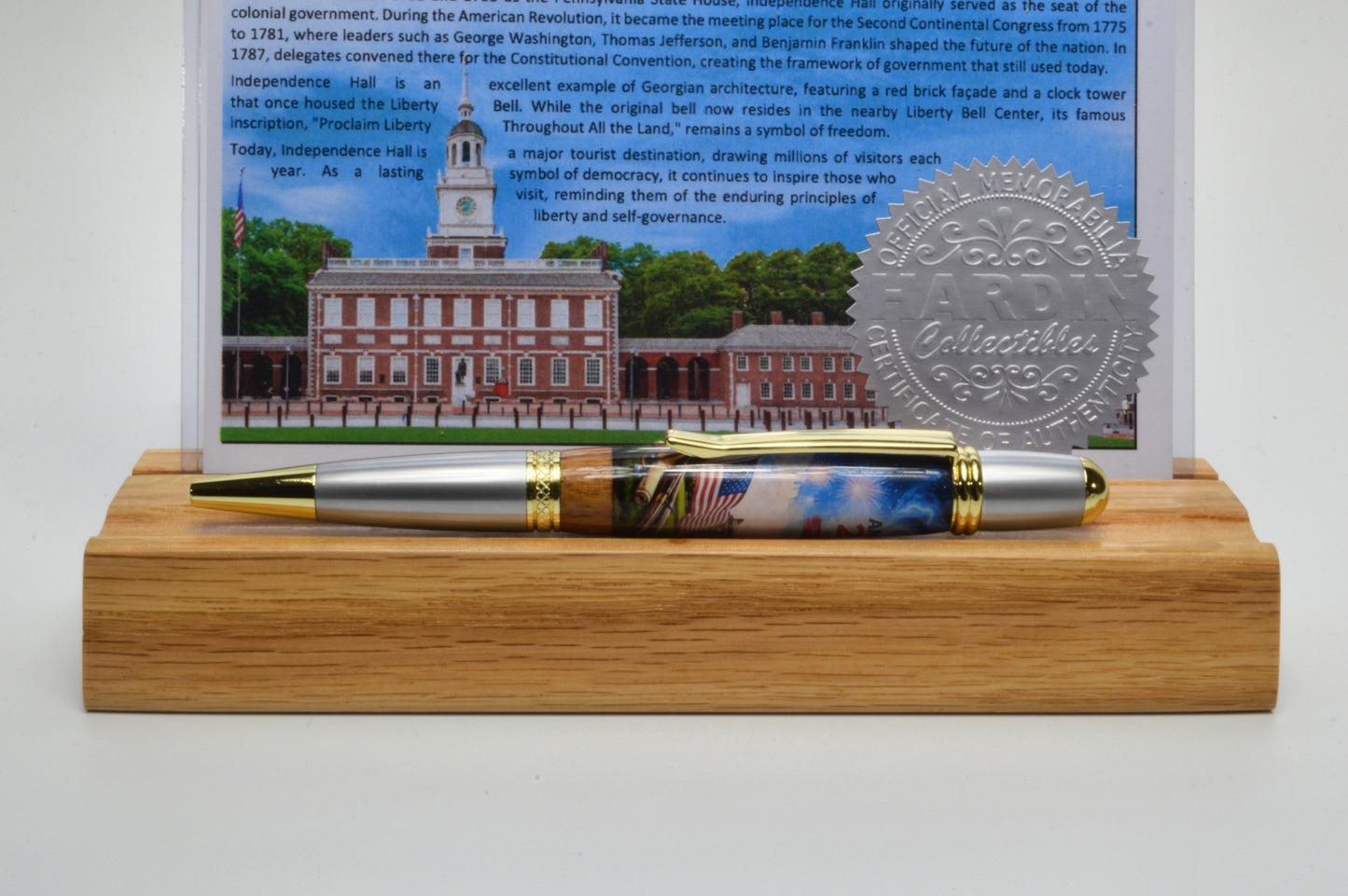 USA 250th Anniversary Label & Independence Hall Wood, Gold & Satin Chrome Finish Twist Pen