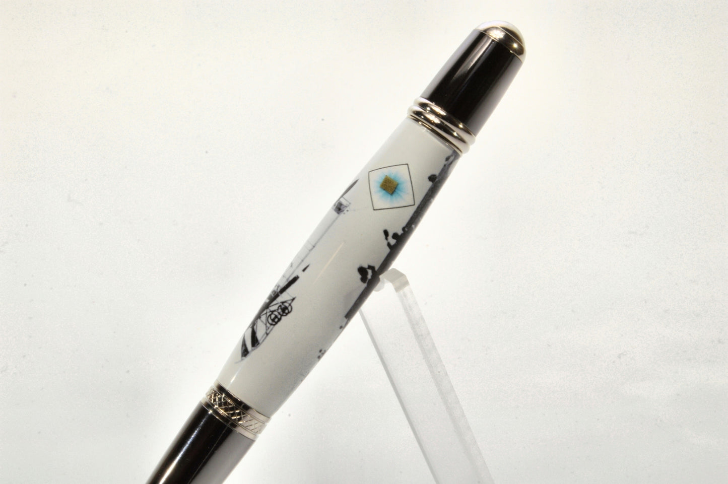 Acrylic Twist Pen Embedded with a Small Piece of Wright Brothers Vin Fiz Flyer Fabric – Platinum & Black Titanium Finish