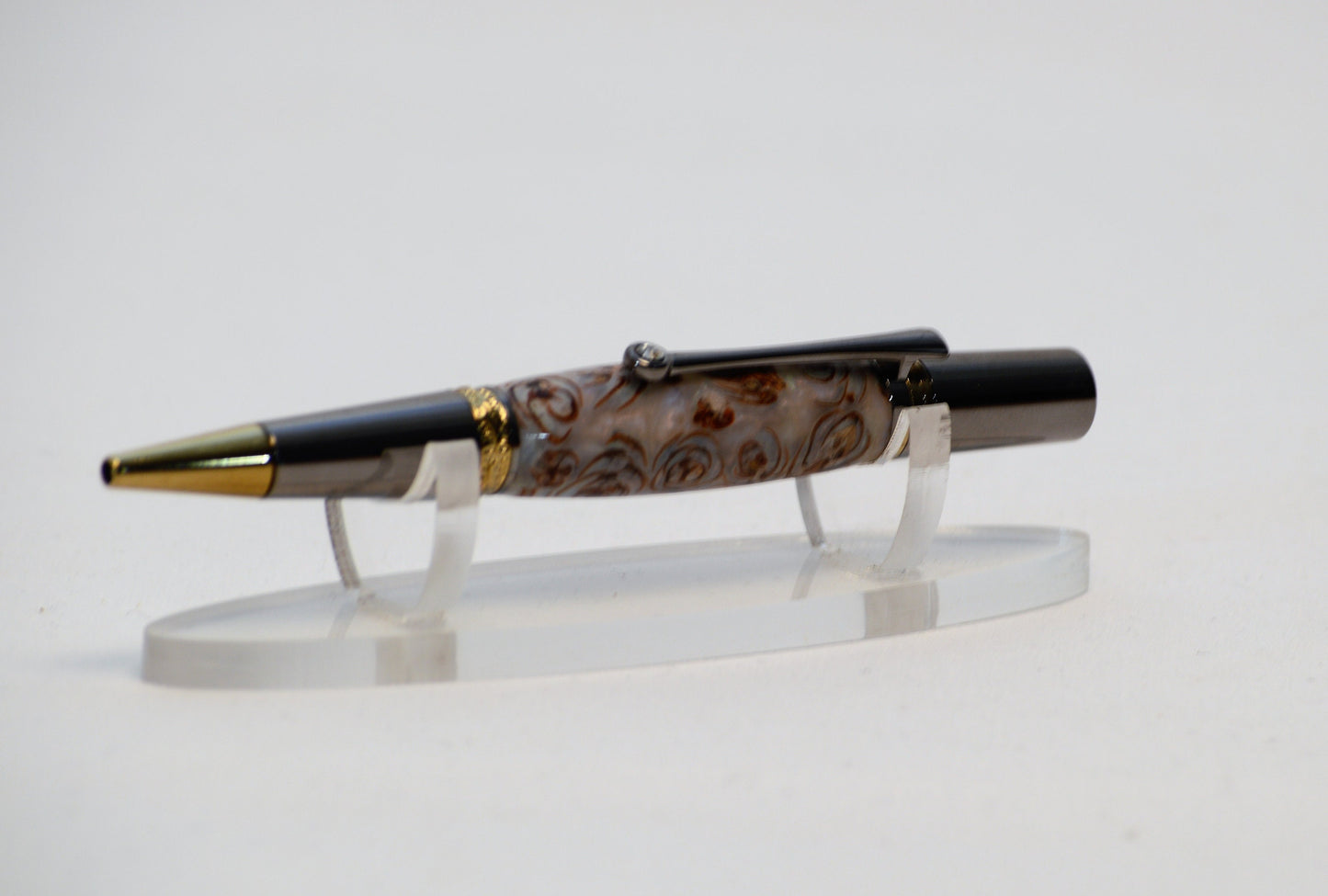 Majestic Squire Twist Pen in Gold Titanium and Black Titanium with Swarovski Crystal with Handcrafted Acrylic and Mini Pine Cone Body.