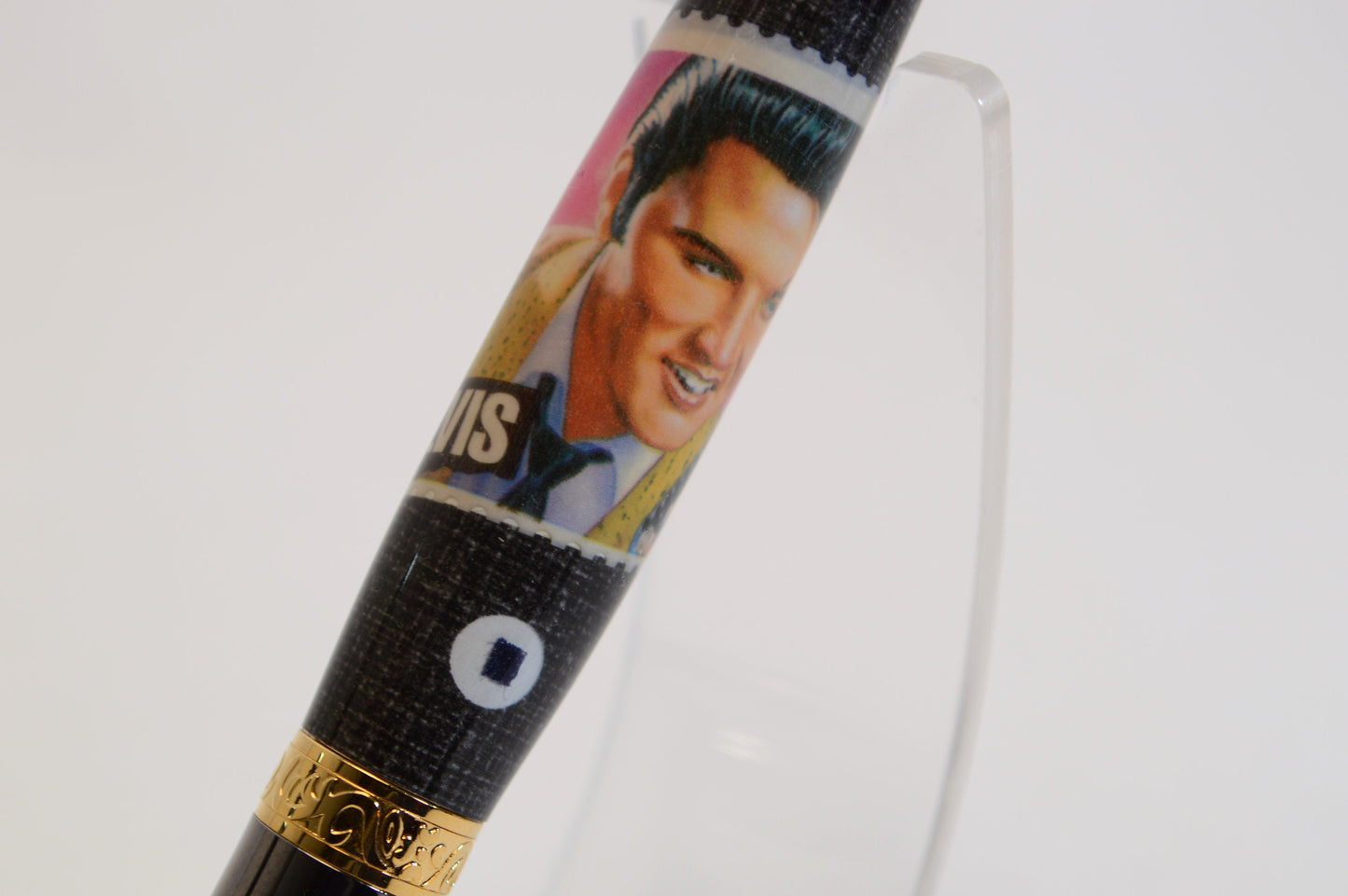 Handcrafted Pen Featuring a 1992 Elvis Stamp and a Small Swatch From an Elvis Worn Shirt Embedded in Acrylic