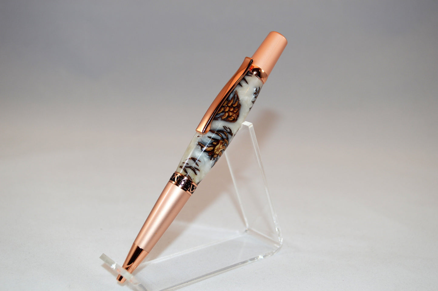 Unique Classic Twist Pen in Two Tone Copper with Handcrafted Acrylic and Mini Pine Cone Body.