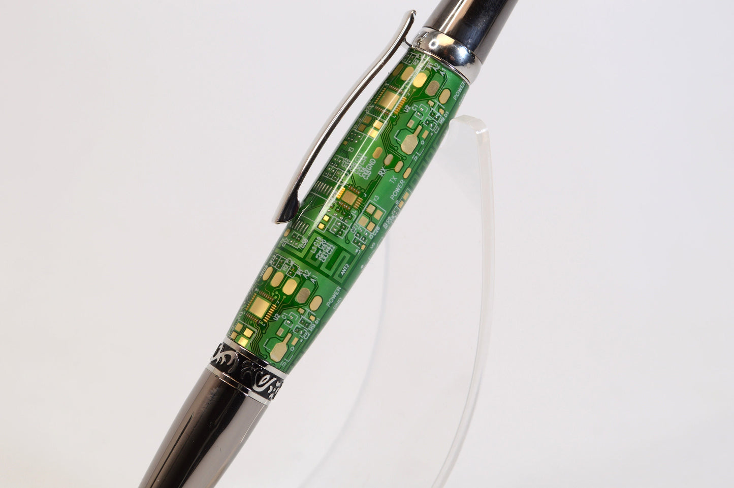 Unique Circuit Board Acrylic Twist Pen - Black Titanium and Platinum Finish, Elegant Design