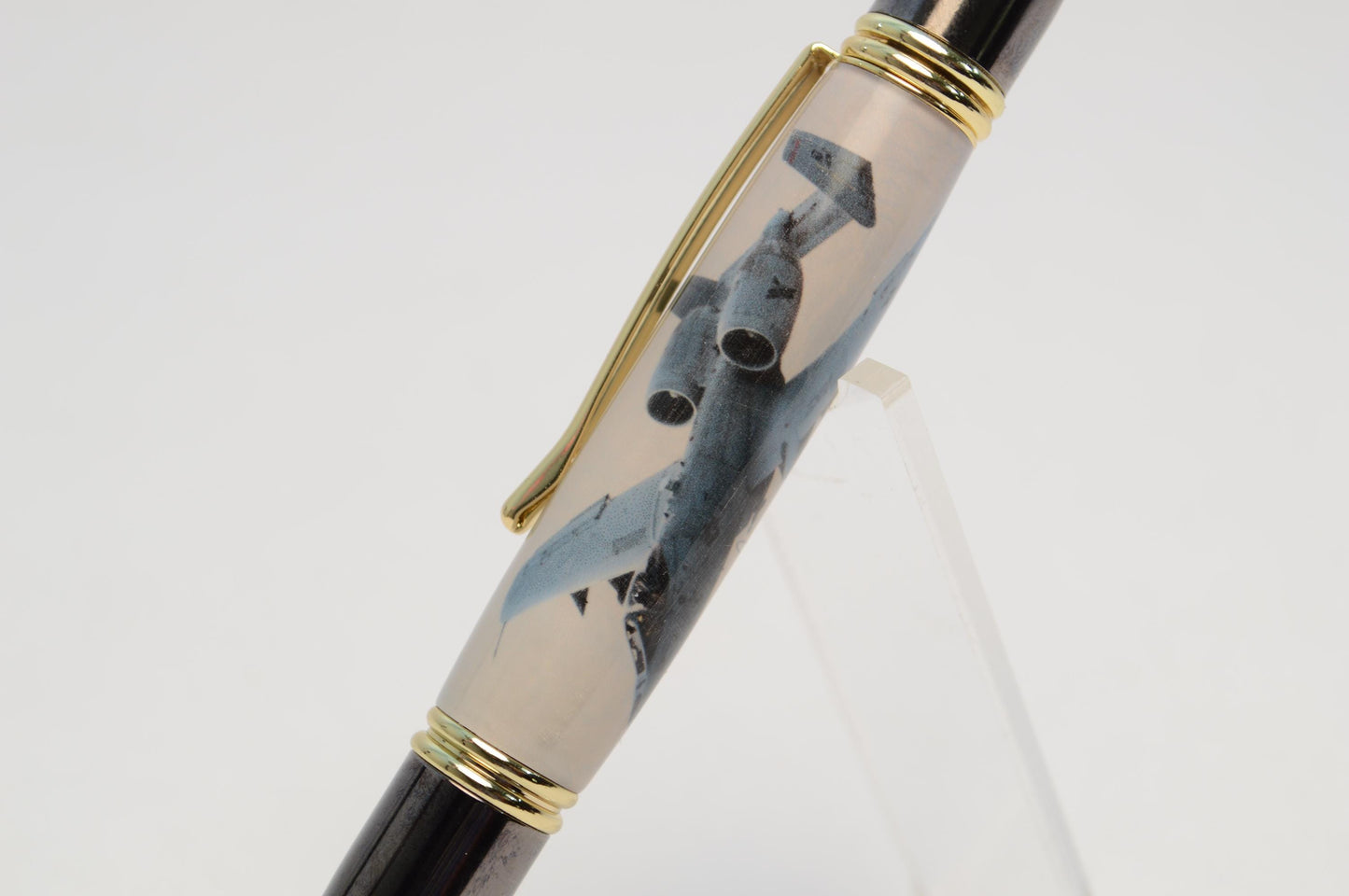 Handcrafted Twist Pen Made With a Small Piece of Aluminum From an A10 Warthog cast in acrylic.