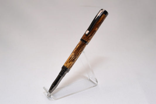 Elegant Handcrafted Spalted Oak Rollerball Pen in Gunmetal Finish and Wooden Display Case