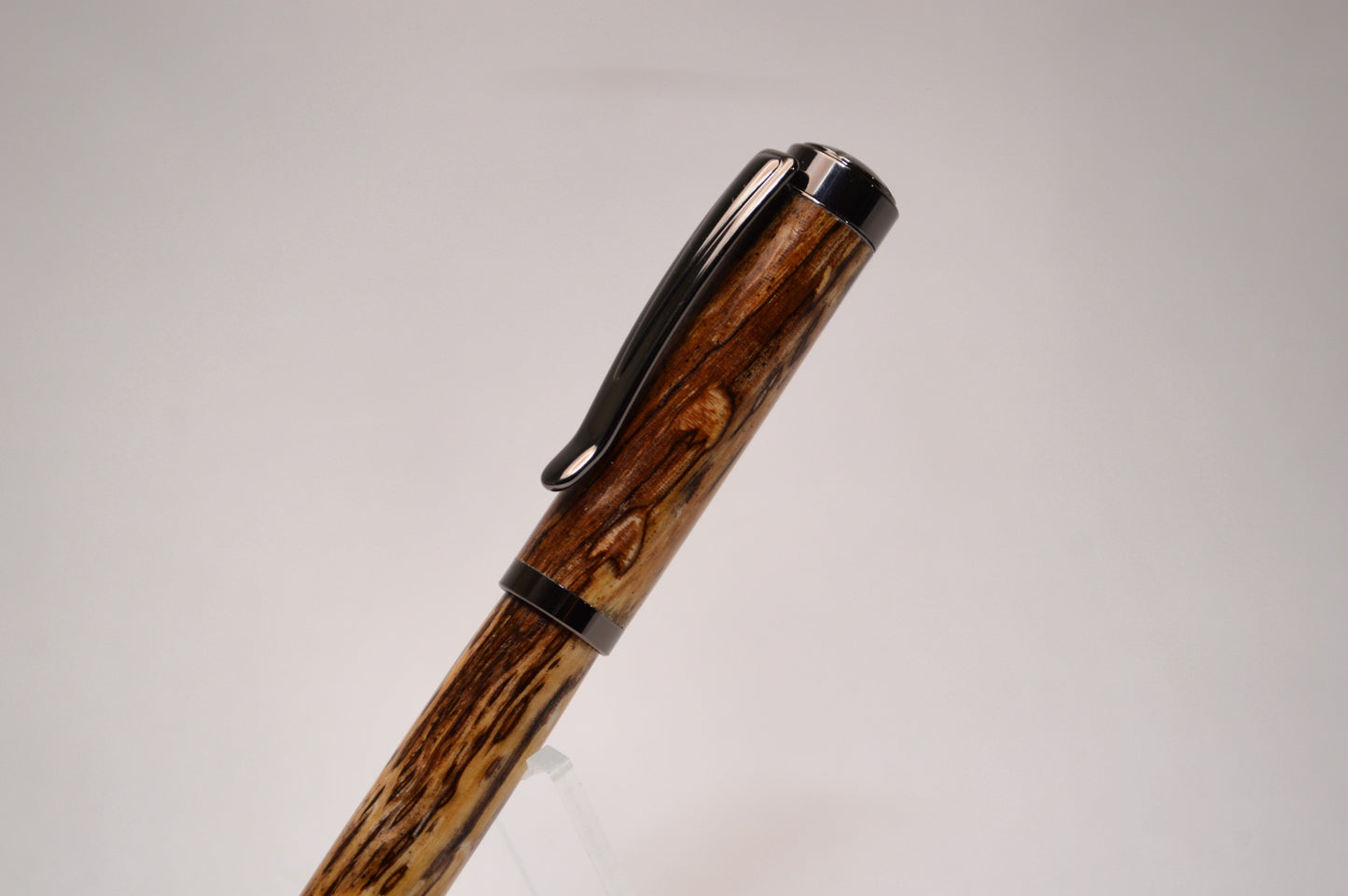 Elegant Handcrafted Spalted Oak Rollerball Pen in Gunmetal Finish and Wooden Display Case