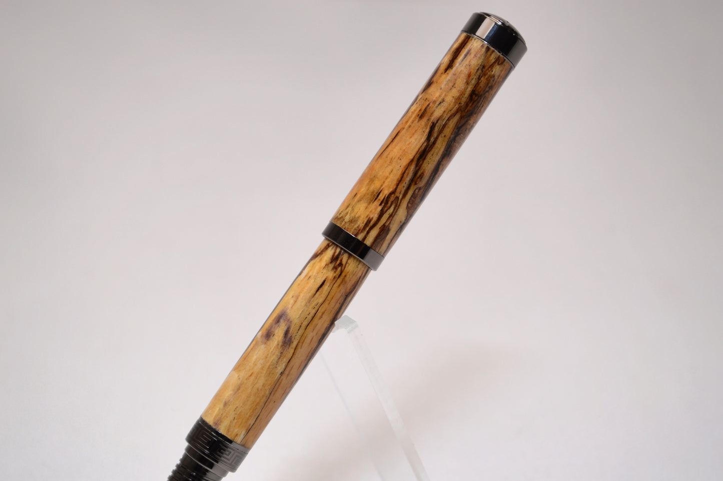 Elegant Handcrafted Spalted Oak Rollerball Pen in Gunmetal Finish and Wooden Display Case