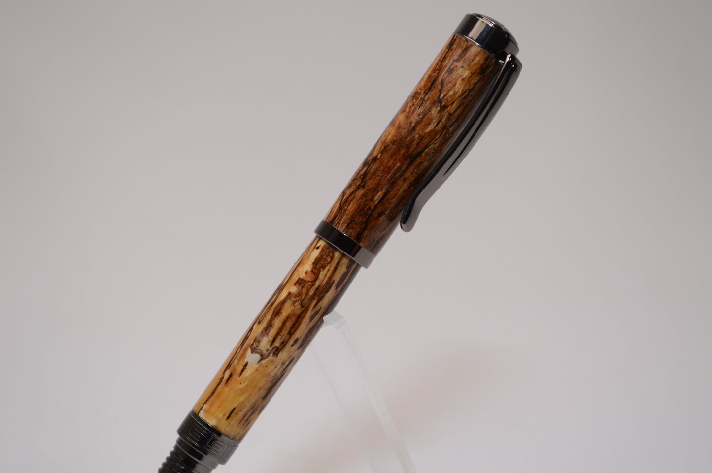 Elegant Handcrafted Spalted Oak Rollerball Pen in Gunmetal Finish and Wooden Display Case