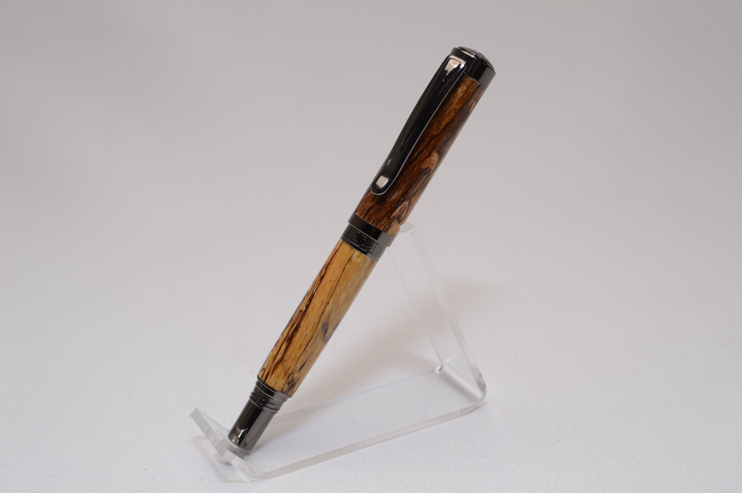 Elegant Handcrafted Spalted Oak Rollerball Pen in Gunmetal Finish and Wooden Display Case