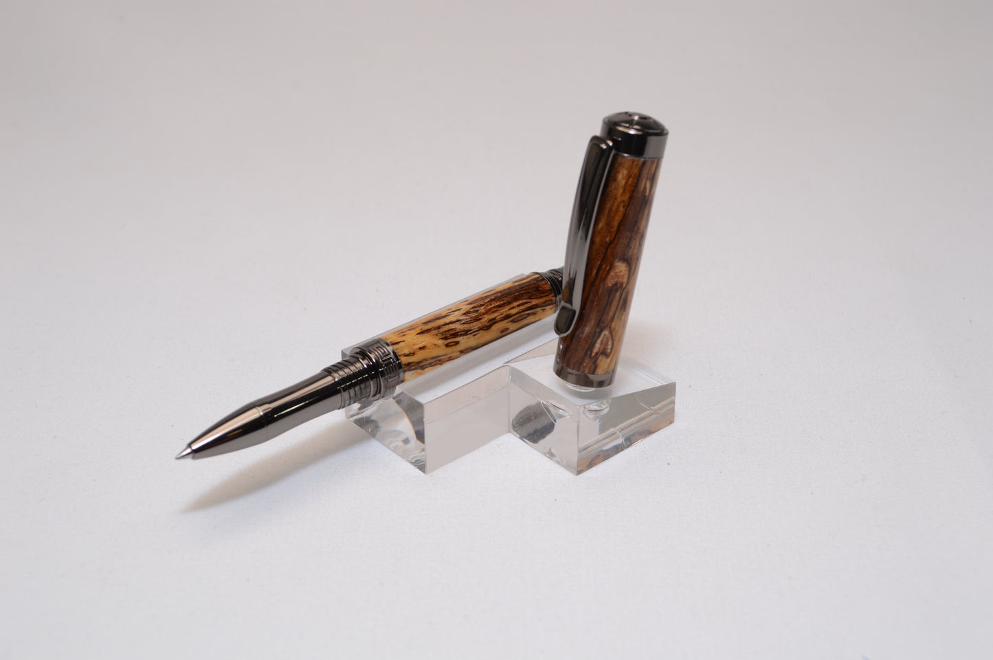Elegant Handcrafted Spalted Oak Rollerball Pen in Gunmetal Finish and Wooden Display Case