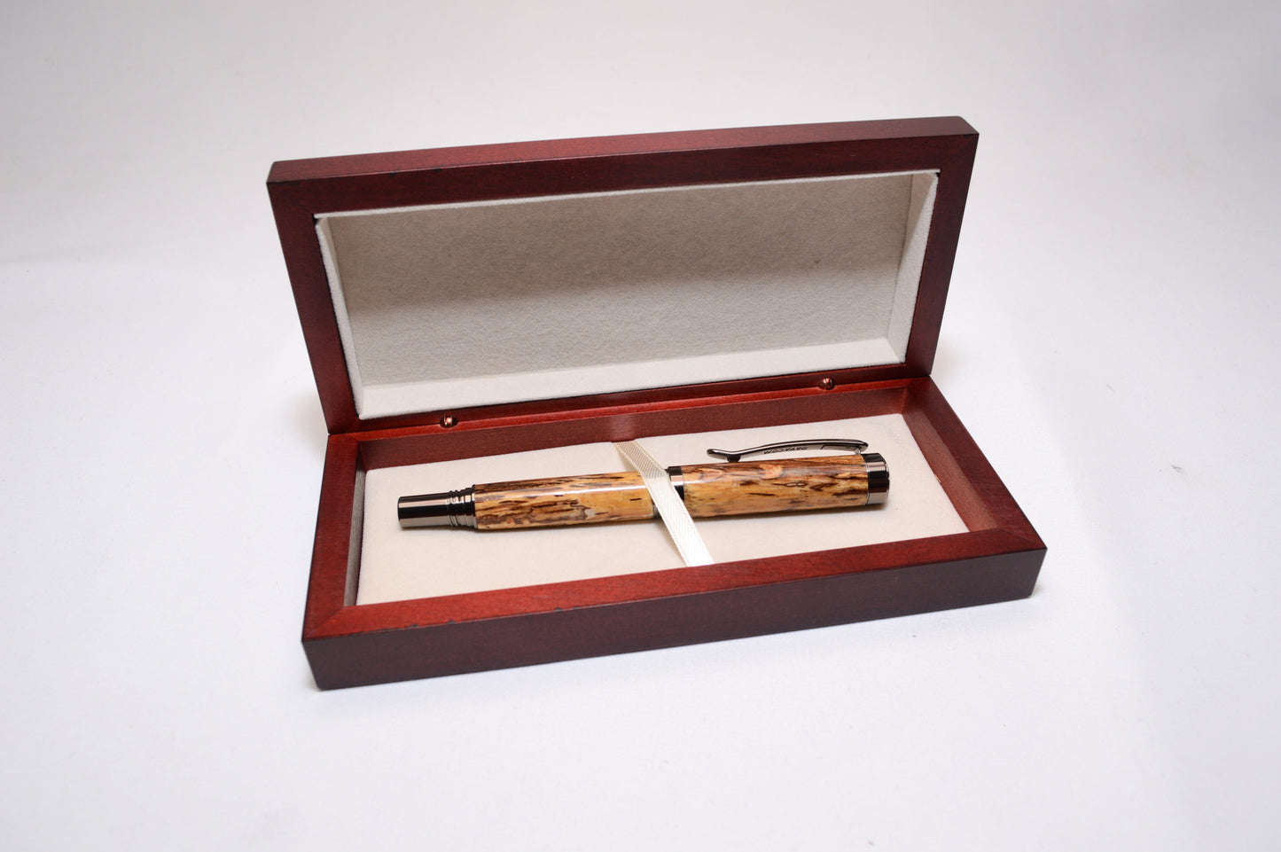 Elegant Handcrafted Spalted Oak Rollerball Pen in Gunmetal Finish and Wooden Display Case