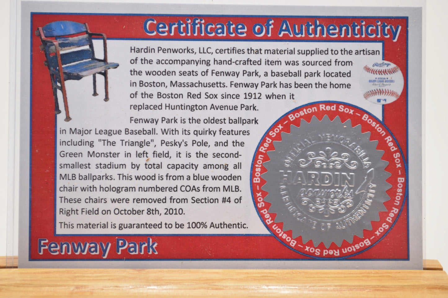 Handcrafted Pen Made From a Boston Red Sox Fenway Park Stadium Seat.